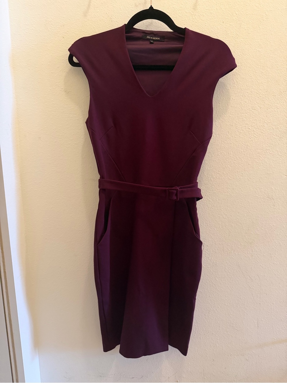 Ava & Aiden Plum V-Neck Belted Midi Dress